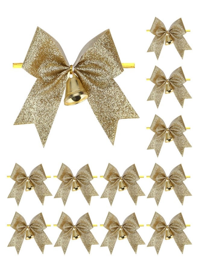 Meseey 12 Ps Christmas Bows with Bell 4 Inch Metallic Gold Glitter Ribbon Bows Xmas Premade Twist Tie Bows for Gift Wrapping Wreath Wedding Baby Shower Christmas Party(Gold Glitter) - Image 1